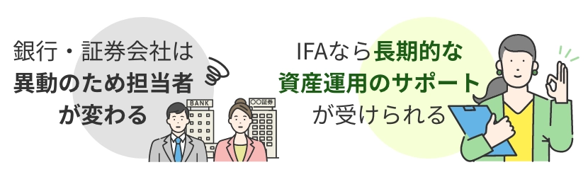 銀行・証券会社は異動のため担当者が変わることがあるが、IFAなら長期的な資産運用のサポートが受けられる