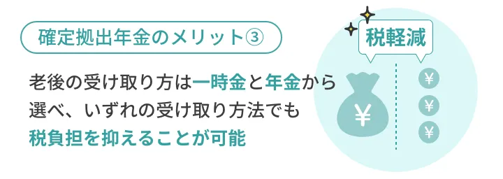 老後の受け取り方は一時金と年金から選べ、いずれの受け取り方法でも税負担を抑えることが可能